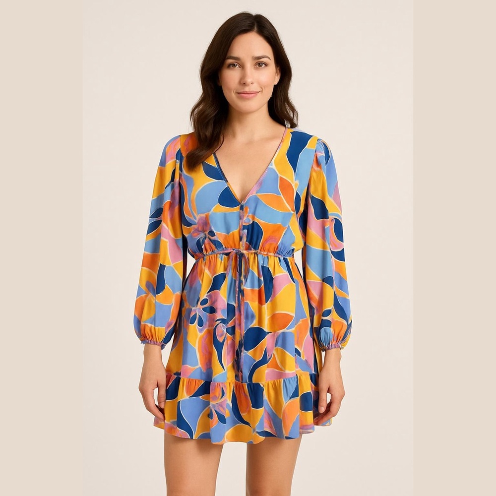 Mittoshop •Women’s Vibrant Multicolor Floral Abstract Long Sleeve Mini Dress NWT